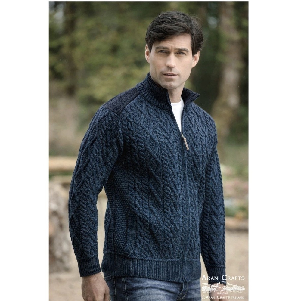 Aran Crafts Men Cable Knit 100% Merino Wool Full Zip Sweater Size Large